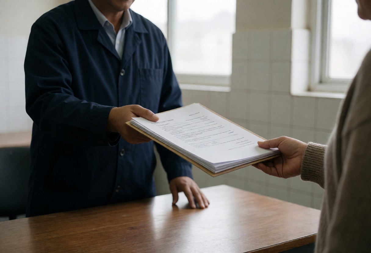 A technician in uniform hands over a folder containing solar energy permits to a client at a desk in an office setting.