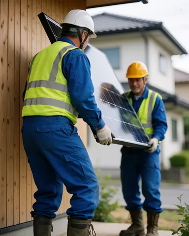 Two technicians in safety gear lift a solar panel in front of a home, demonstrating professional residential solar installation work.
