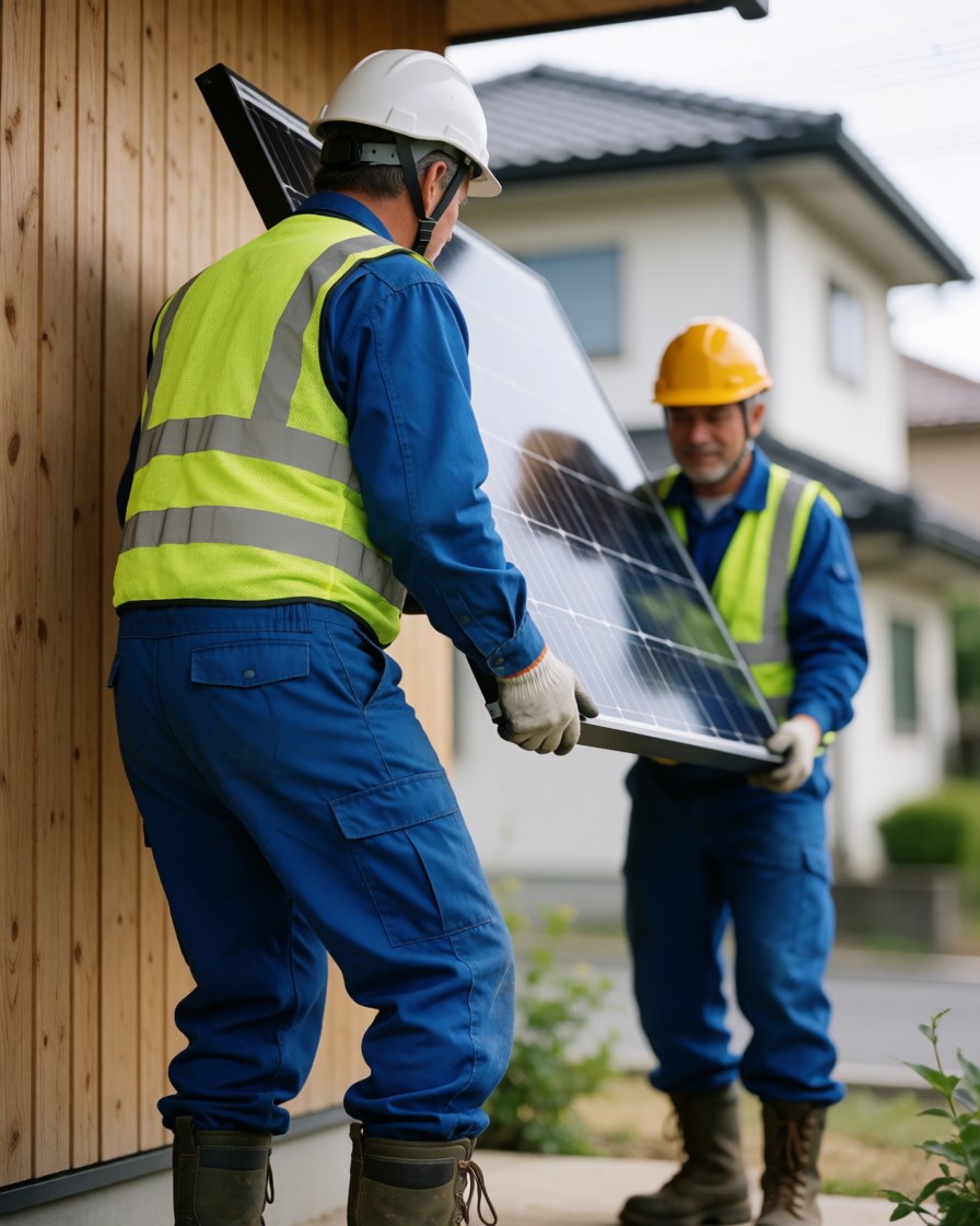 Two technicians in safety gear lift a solar panel in front of a home, demonstrating professional residential solar installation work.