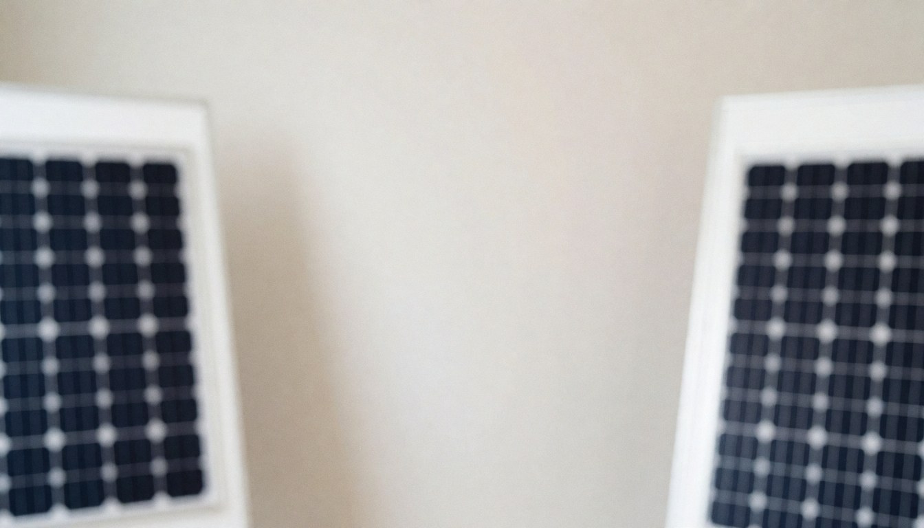Two white-framed solar panels on a light neutral background, ideal for adding text, no people, for solar energy business