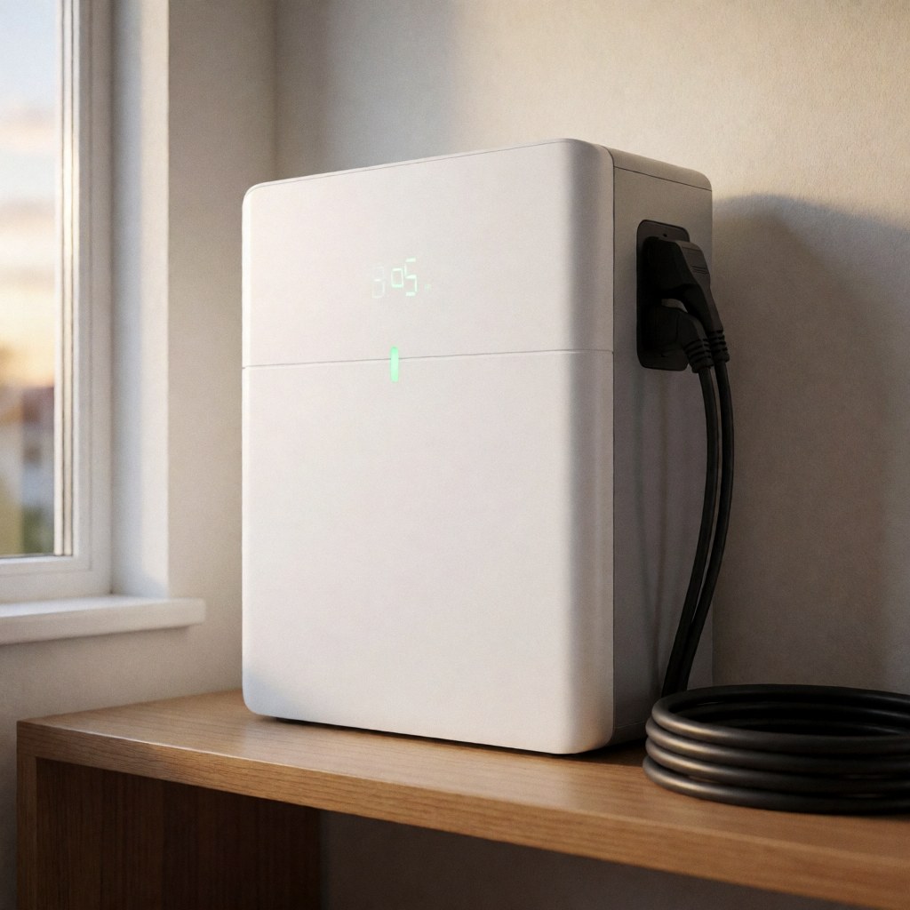 Modern white solar battery on a wooden shelf with a green indicator light and black cable, illuminated by window light for home renewable energy use