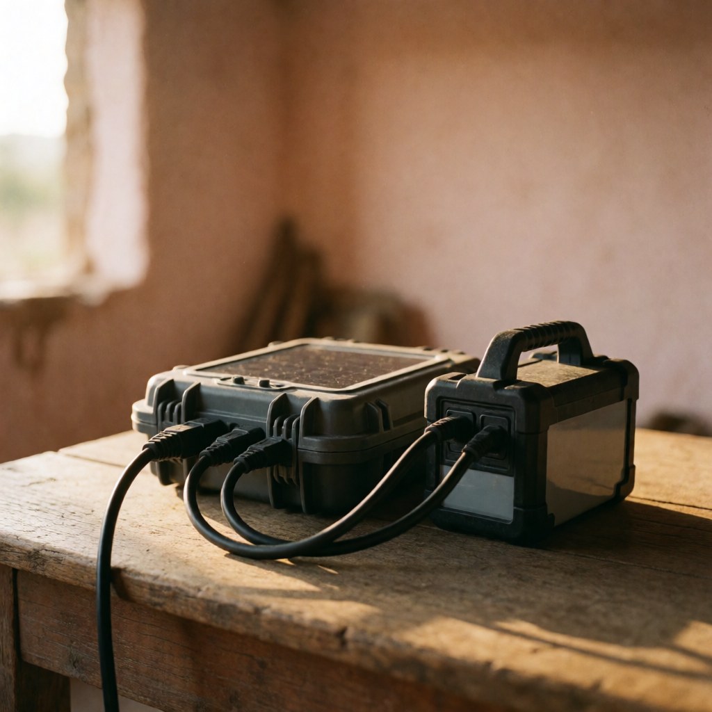 Solar charger and portable battery connected on a rustic wooden table with mud walls and golden sunset light in a rural home