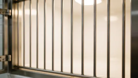 A clean stainless steel ventilated drying cage used for dog grooming, set against a soft white background with warm lighting, ideal for text overlays and business advertising.