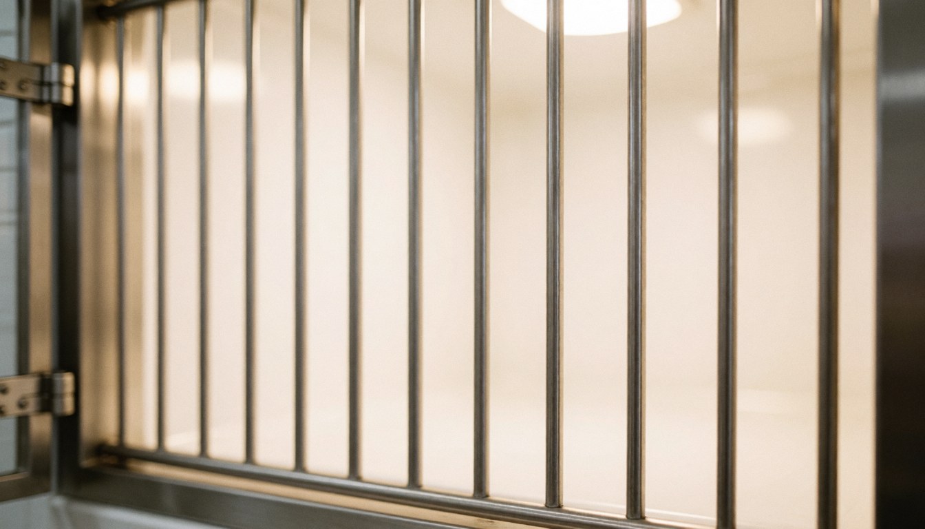 A clean stainless steel ventilated drying cage used for dog grooming, set against a soft white background with warm lighting, ideal for text overlays and business advertising.