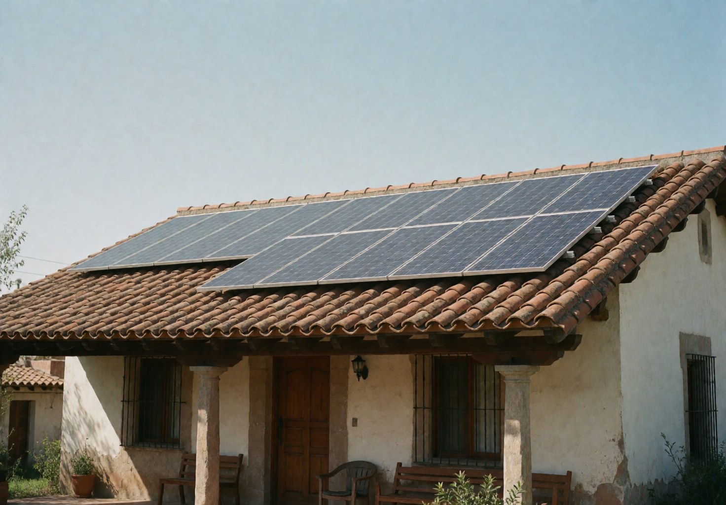Traditional home with clay tile roof featuring installed solar panels, showcasing renewable energy solutions for residential properties in sunny neighborhoods.