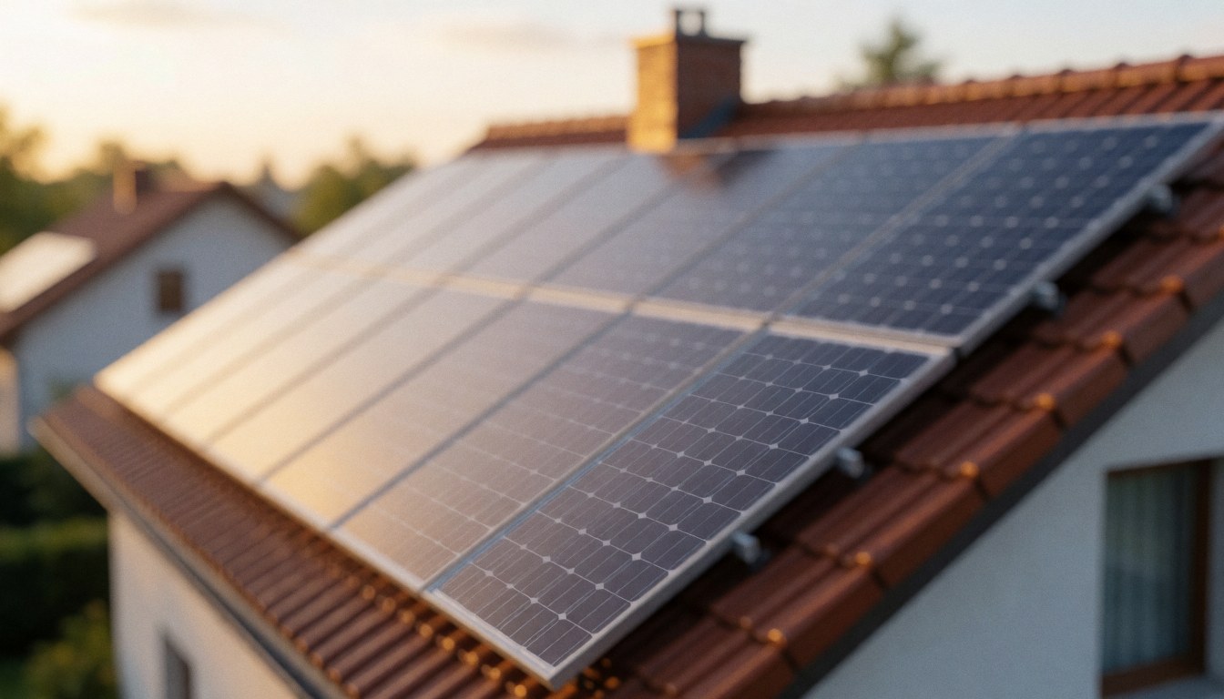 Blurred roof background with solar panels and warm golden sunlight, ideal for business text overlays and solar energy marketing.