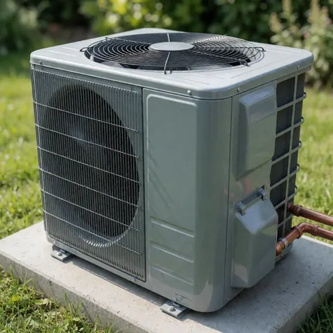 Gray outdoor air conditioning condenser unit sitting on a concrete pad with copper pipes, set against a blurred green garden background.