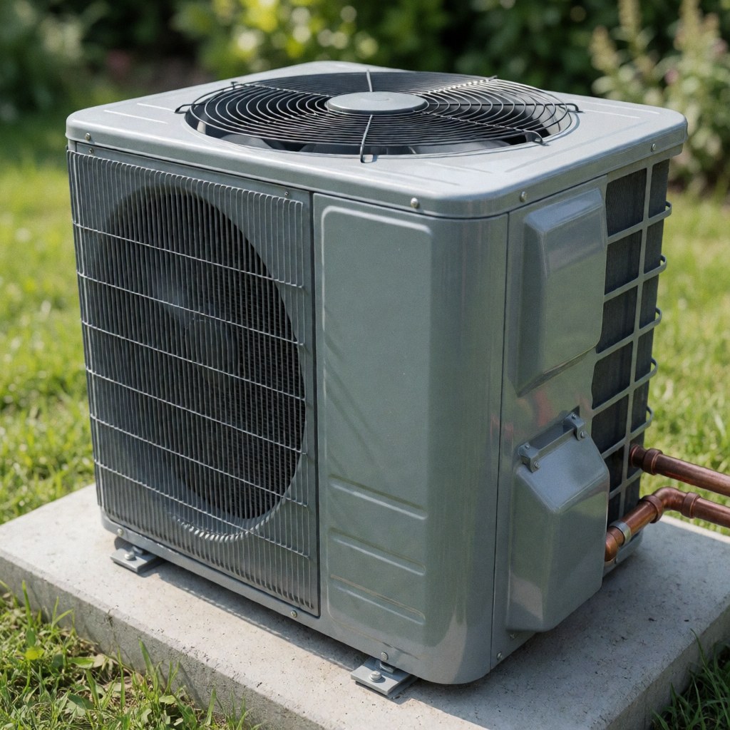 Gray outdoor air conditioning condenser unit sitting on a concrete pad with copper pipes, set against a blurred green garden background.