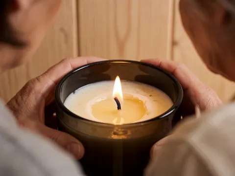 Close-up of hands holding a lit candle inside a dark glass jar against a wooden wall background with warm ambient lighting
