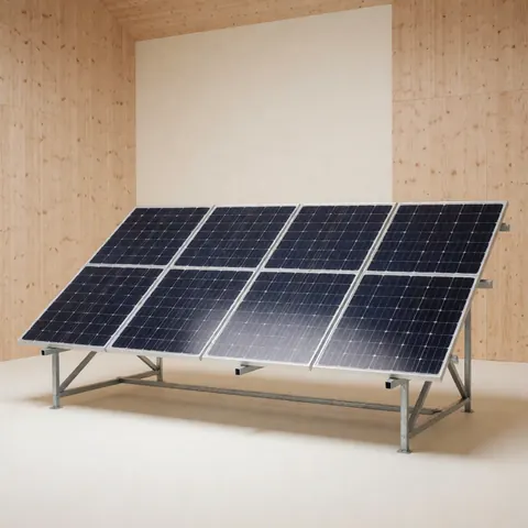Close-up of a modular solar panel mounted on a wooden wall with a beige background, showcasing clean energy technology for business use.