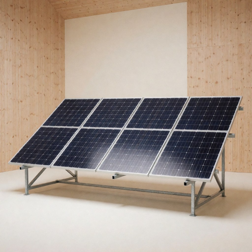 Close-up of a modular solar panel mounted on a wooden wall with a beige background, showcasing clean energy technology for business use.