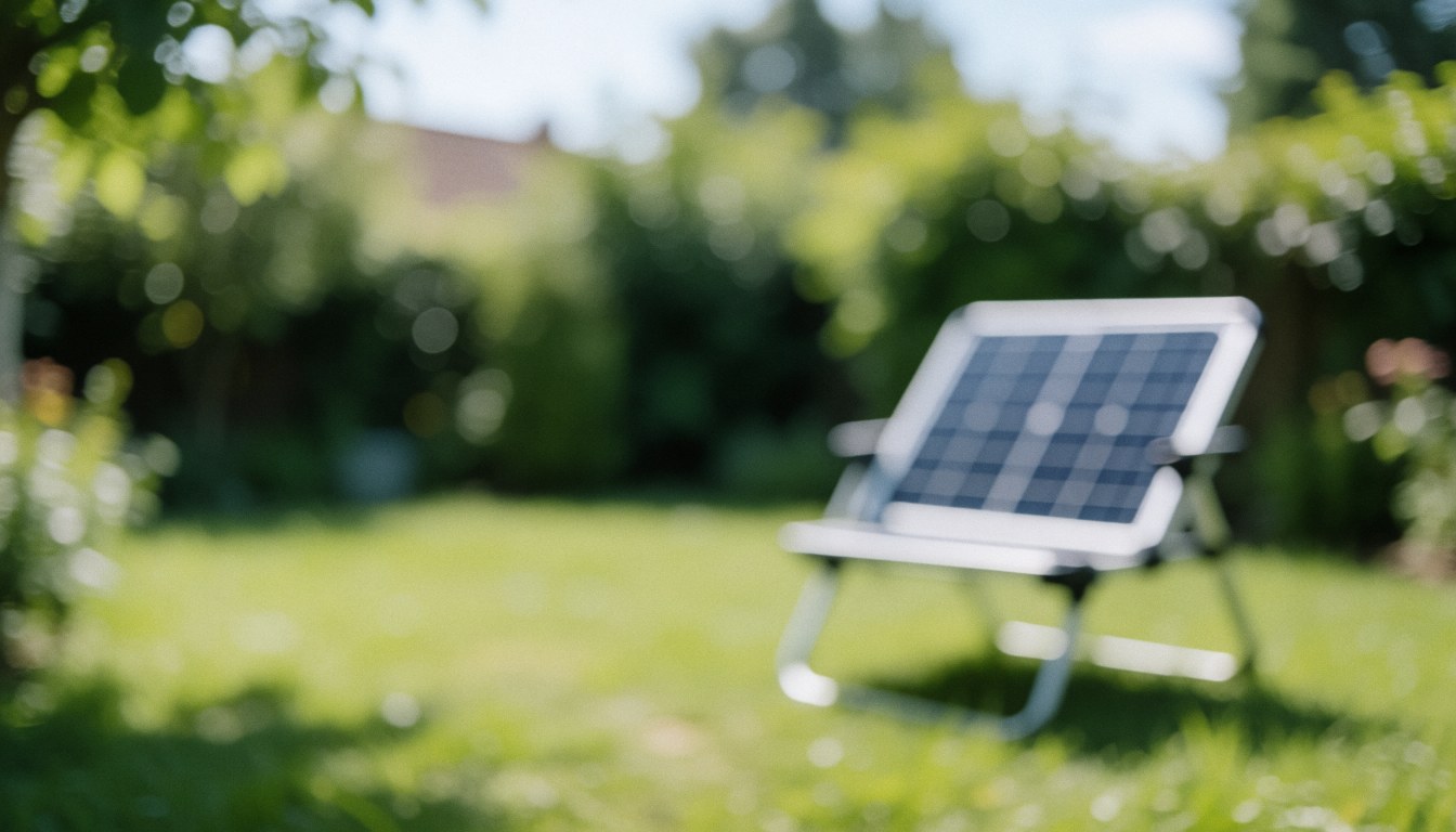 A serene backyard patio scene featuring a portable solar kit setup on the grass, surrounded by trees and greenery under bright sunlight, ideal for renewable energy text backgrounds.