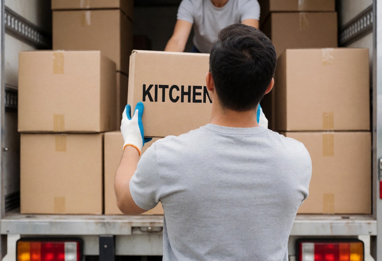 Back view of hands wearing gloves organizing kitchen boxes inside a moving truck during daylight, showing efficient packing and professional service in action.