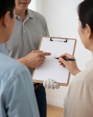 A close-up view of a customer's hands signing a clipboard document during a professional moving service, with a pen and gloves visible on a white surface.