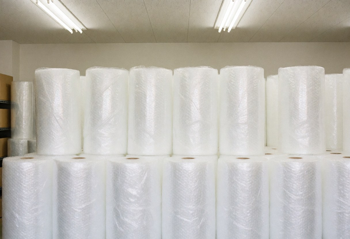 Rows of white bubble wrap rolls stacked in a clean, organized moving warehouse under bright fluorescent lighting, ready for packing furniture and items.
