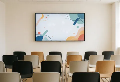 Empty modern training room featuring a large presentation screen, wooden chairs, and minimalist white decor suitable for software startups