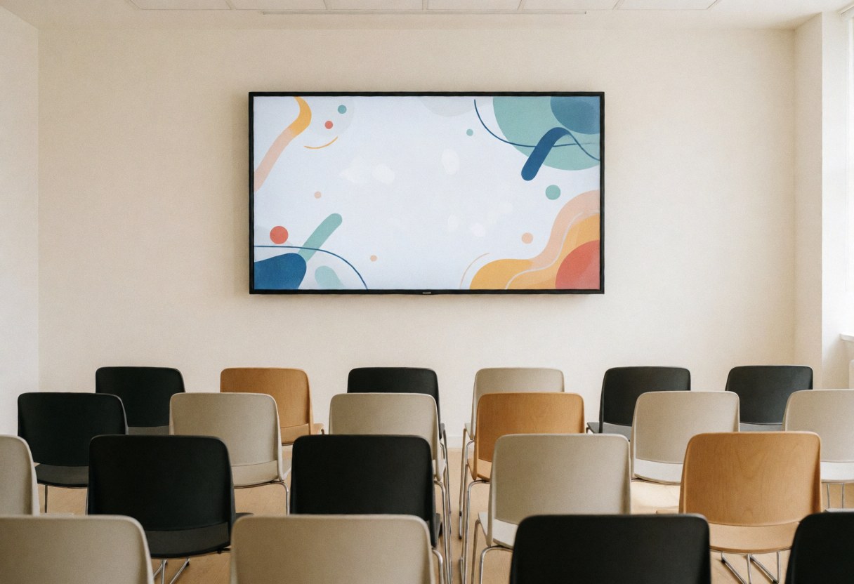 Empty modern training room featuring a large presentation screen, wooden chairs, and minimalist white decor suitable for software startups