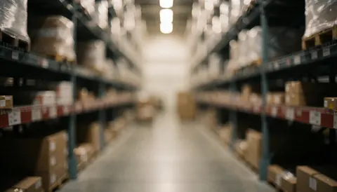 Blurred warehouse background with shelves and boxes, ideal for moving company logistics and transport service text overlays