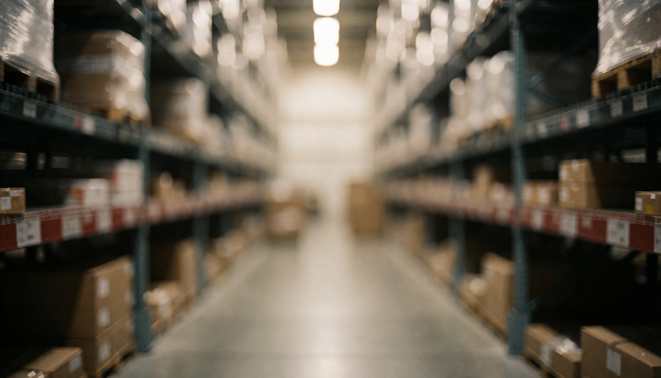 Blurred warehouse background with shelves and boxes, ideal for moving company logistics and transport service text overlays