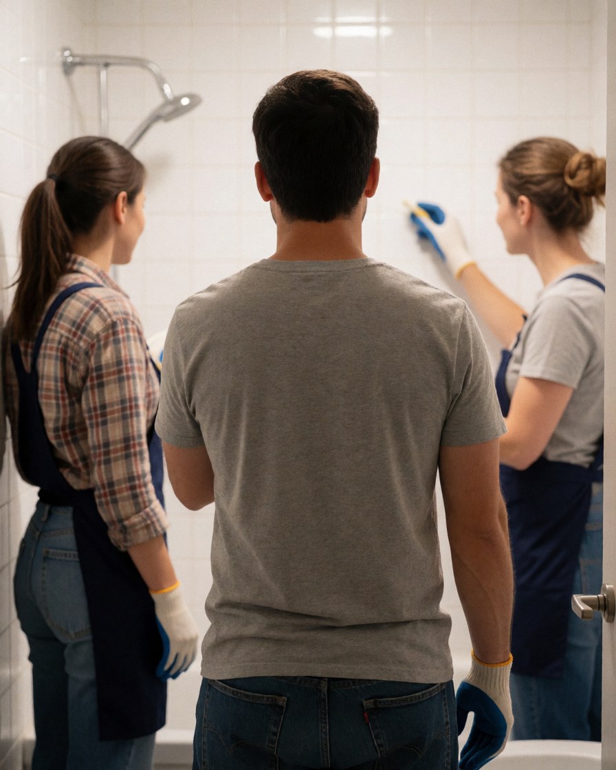 Satisfied couple standing in their clean bathroom after a professional move, showing trust in the moving service