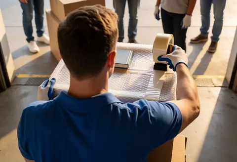 Close-up of hands using a tape gun to seal a cardboard moving box with brown packing tape, ensuring secure closure for safe transport and logistics.