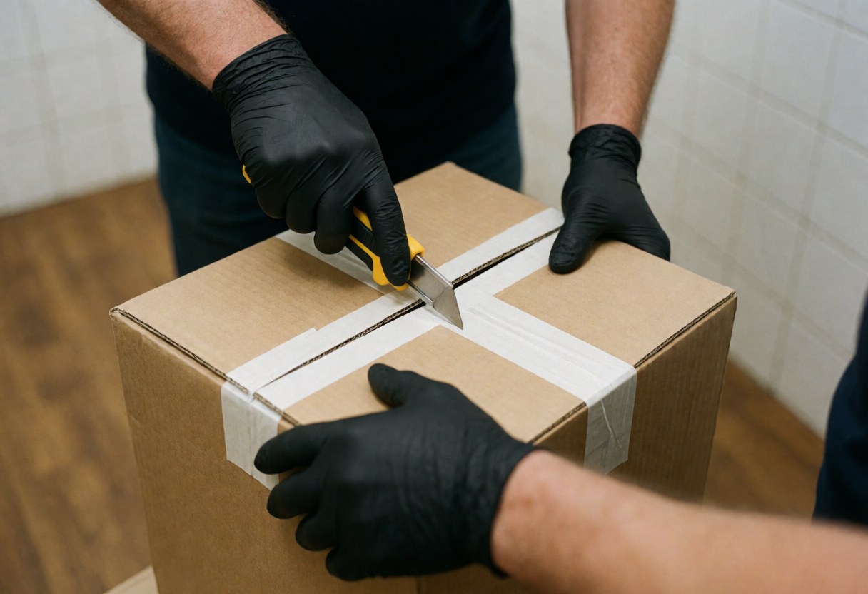 A professional mover wearing gloves uses a knife to cut open a cardboard box during a moving service, with a plain wall and floor background.