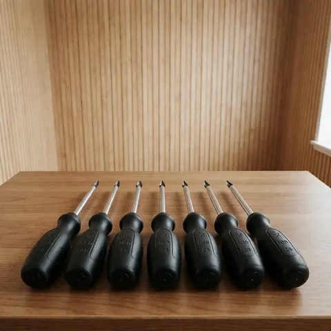 A set of screwdrivers arranged neatly on a wooden surface, ideal for moving company tools and general repair work