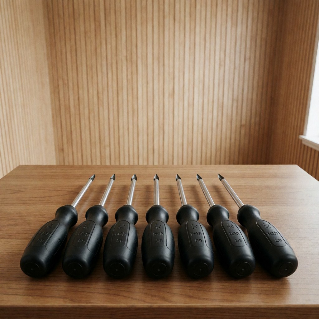 A set of screwdrivers arranged neatly on a wooden surface, ideal for moving company tools and general repair work