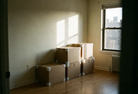 Stacked cardboard moving boxes with corner protectors in an empty room, illuminated by window light with long shadows and a radiator on the wall.