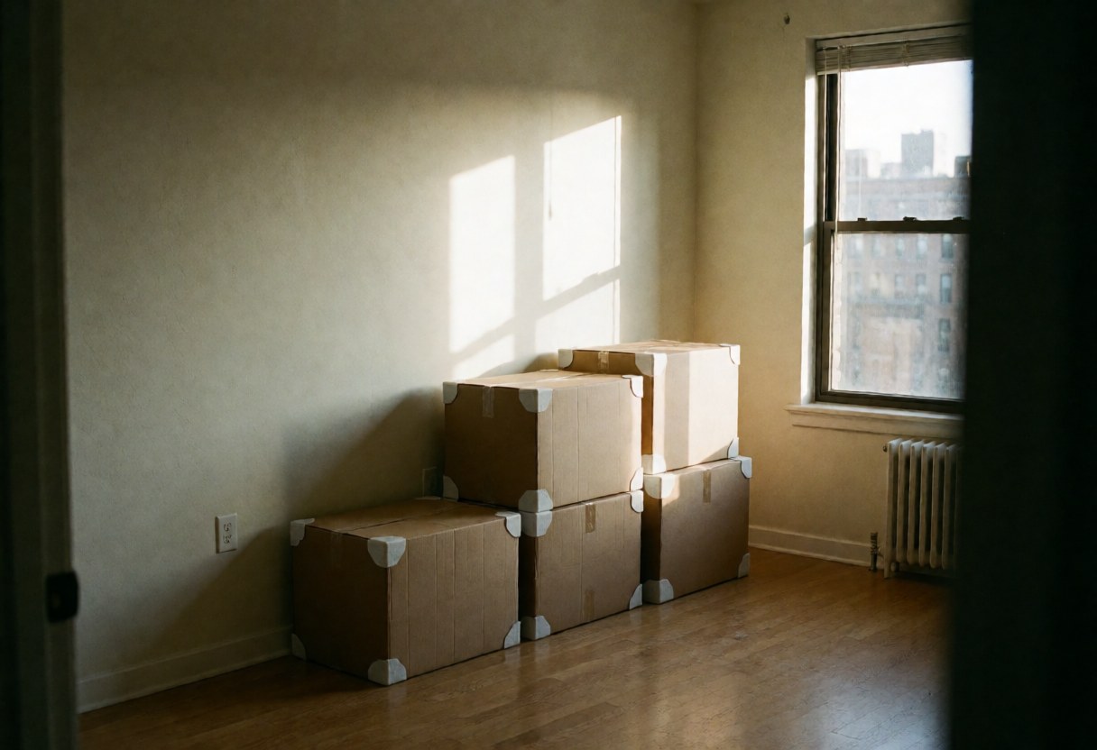 Stacked cardboard moving boxes with corner protectors in an empty room, illuminated by window light with long shadows and a radiator on the wall.