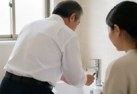 Professional plumber installing a chrome faucet in a beige tiled bathroom with natural light, demonstrating attention to detail in residential plumbing service.