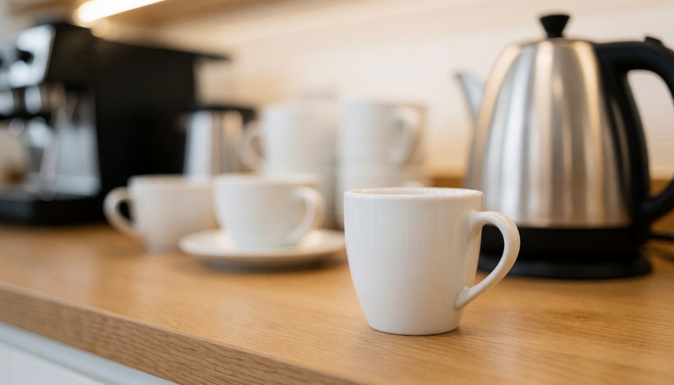 Soft focus warm background featuring a coffee cup and kettle on a wooden surface, ideal for text overlay in language school materials