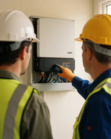 Two technicians wearing safety helmets and vests install a solar inverter on an interior wall in a clean and professional setting.