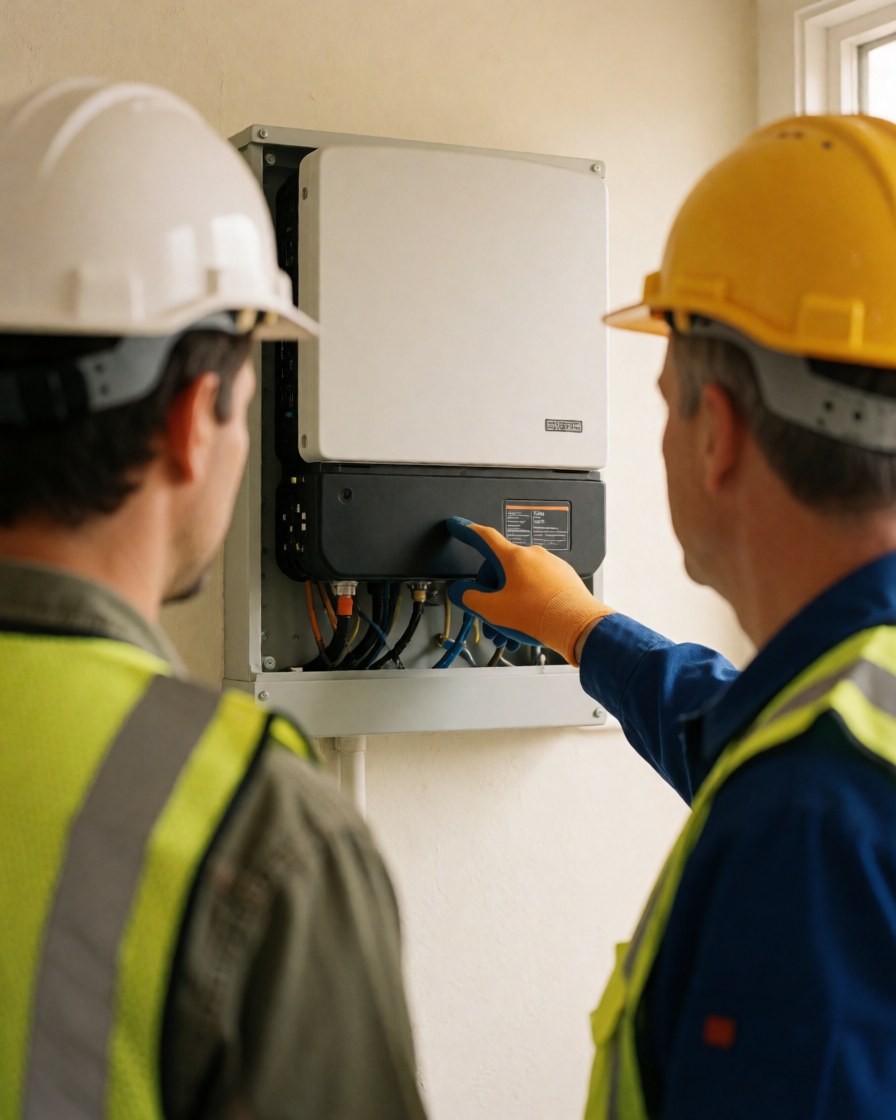 Two technicians wearing safety helmets and vests install a solar inverter on an interior wall in a clean and professional setting.
