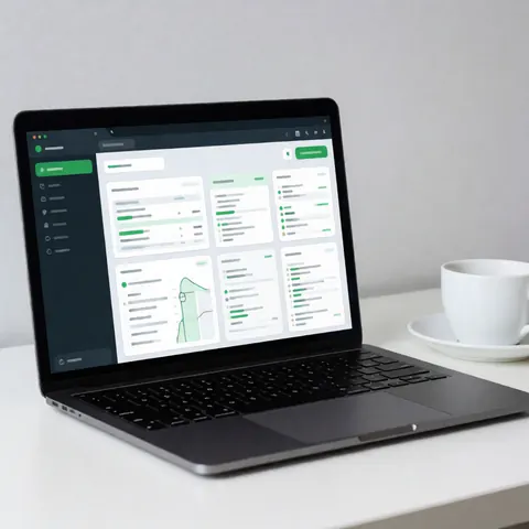 A clean white and green dashboard interface for monitoring solar energy efficiency displayed on a laptop screen next to a coffee cup on a desk