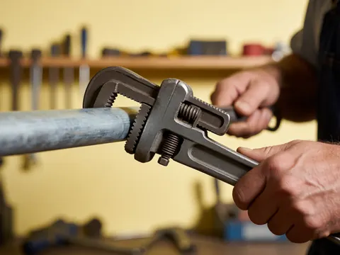 Plumber's hands using an adjustable wrench on a galvanized pipe in a workshop with tools and a yellow wall in the background