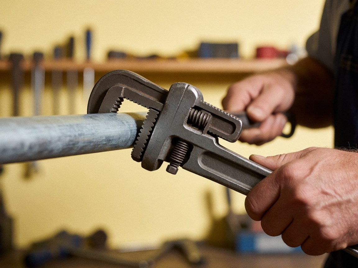 Plumber's hands using an adjustable wrench on a galvanized pipe in a workshop with tools and a yellow wall in the background