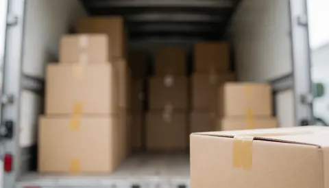 A neutral professional background suitable for text overlays, featuring moving boxes, furniture, and logistics elements for business use