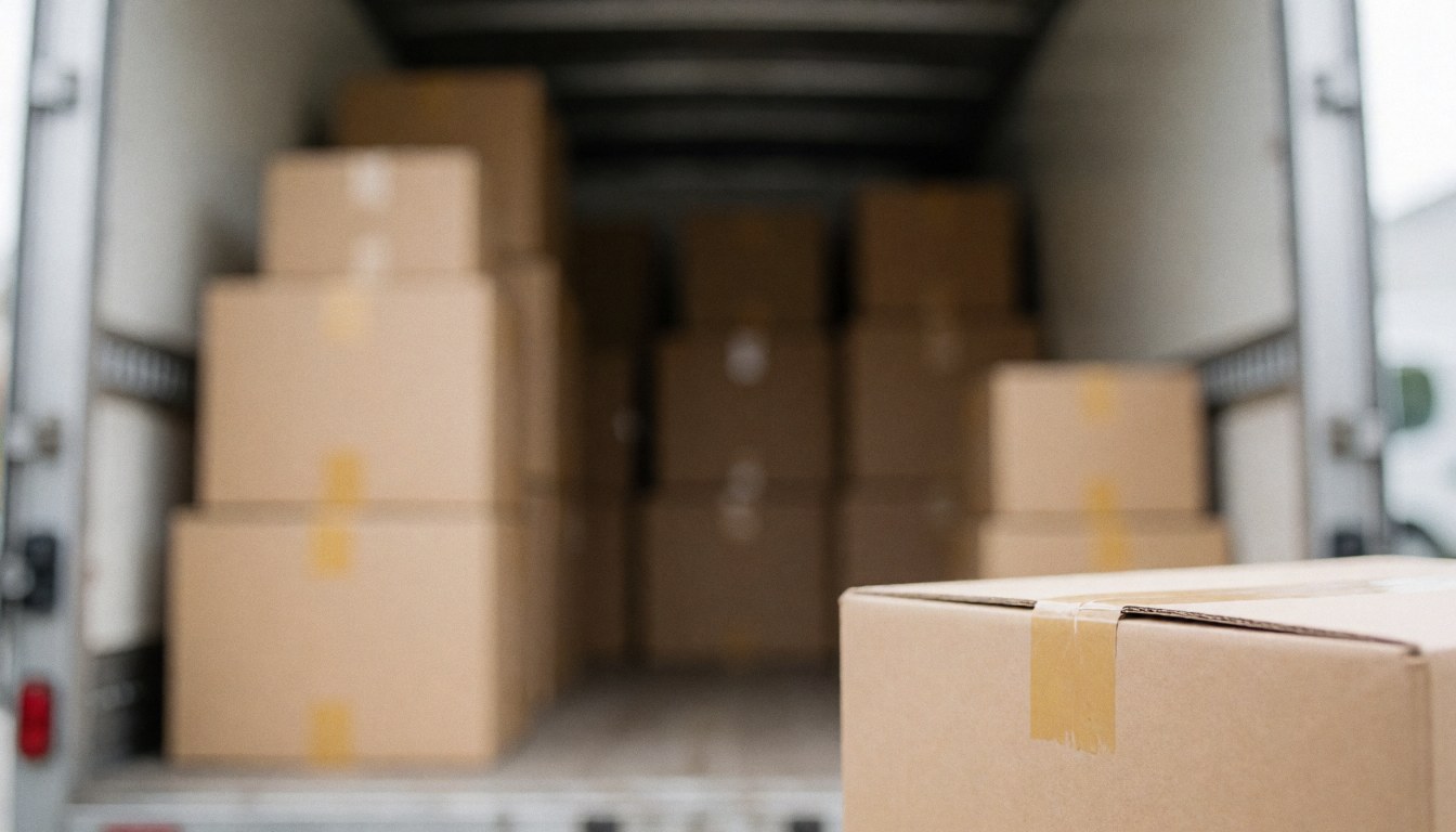 A neutral professional background suitable for text overlays, featuring moving boxes, furniture, and logistics elements for business use