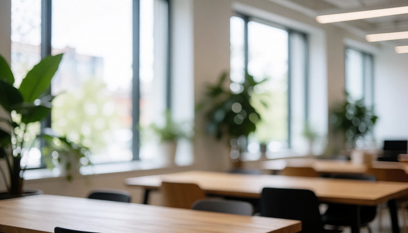 A soft focus background of a modern coworking office with desks, plants, and windows, ideal for educational course overlays