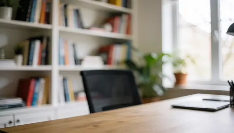 Bright home office featuring a wooden desk, chair, bookshelf, and plant, offering a professional and cozy background for text or logos