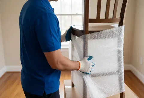 A professional mover carefully wraps a wooden chair with protective bubble wrap in a room with hardwood floors and beige walls.