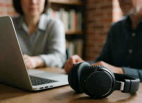 Black headphones and silver laptop on a wooden desk with blurred people in the background, ideal for a language school.