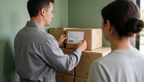 Worker inspecting a shipping label on a cardboard box in a warehouse with stacked boxes and green walls