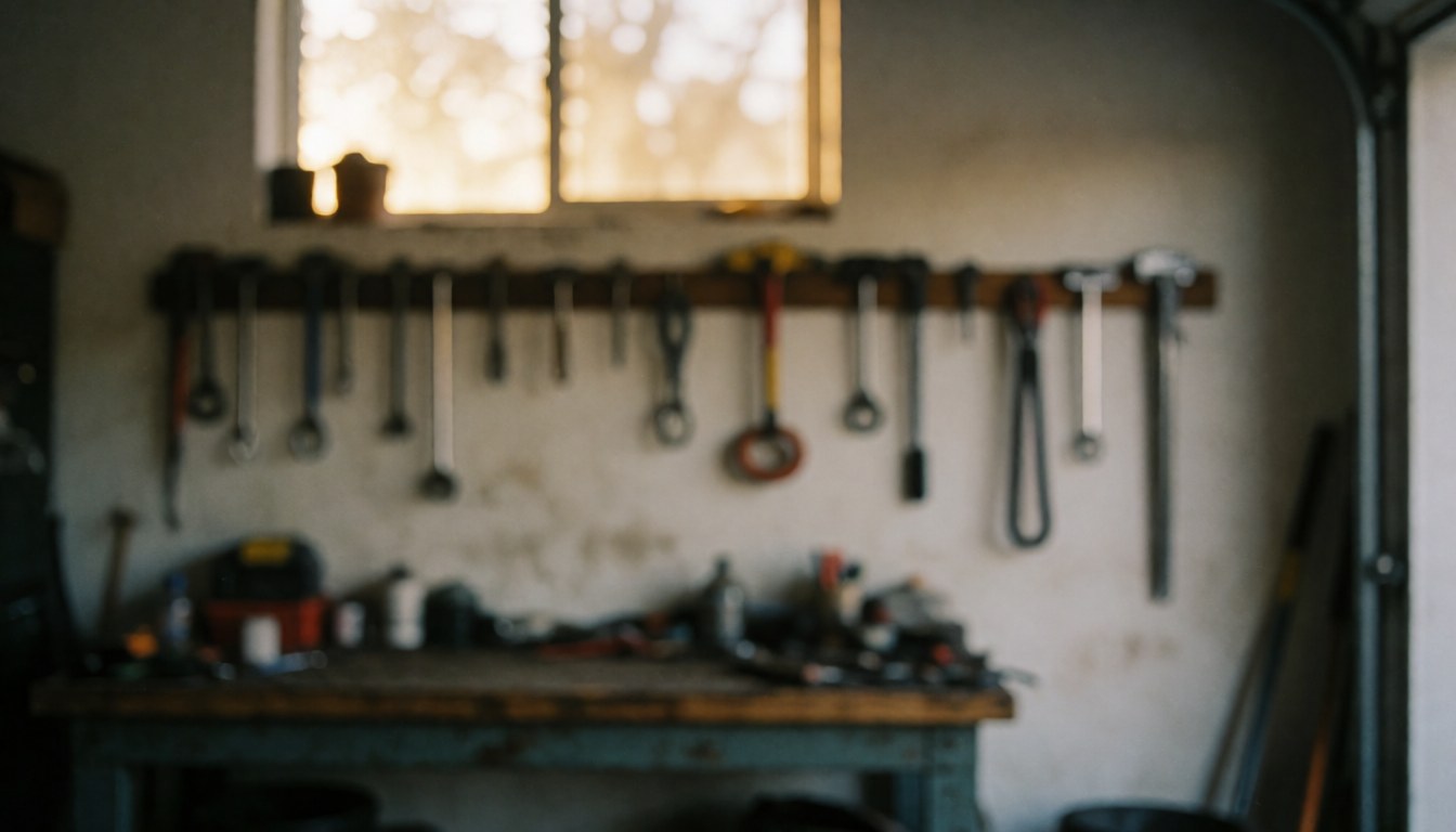 Warmly lit workshop background featuring organized hanging tools and a sturdy workbench, providing a professional texture ideal for commercial text overlays in plumbing and repair contexts.