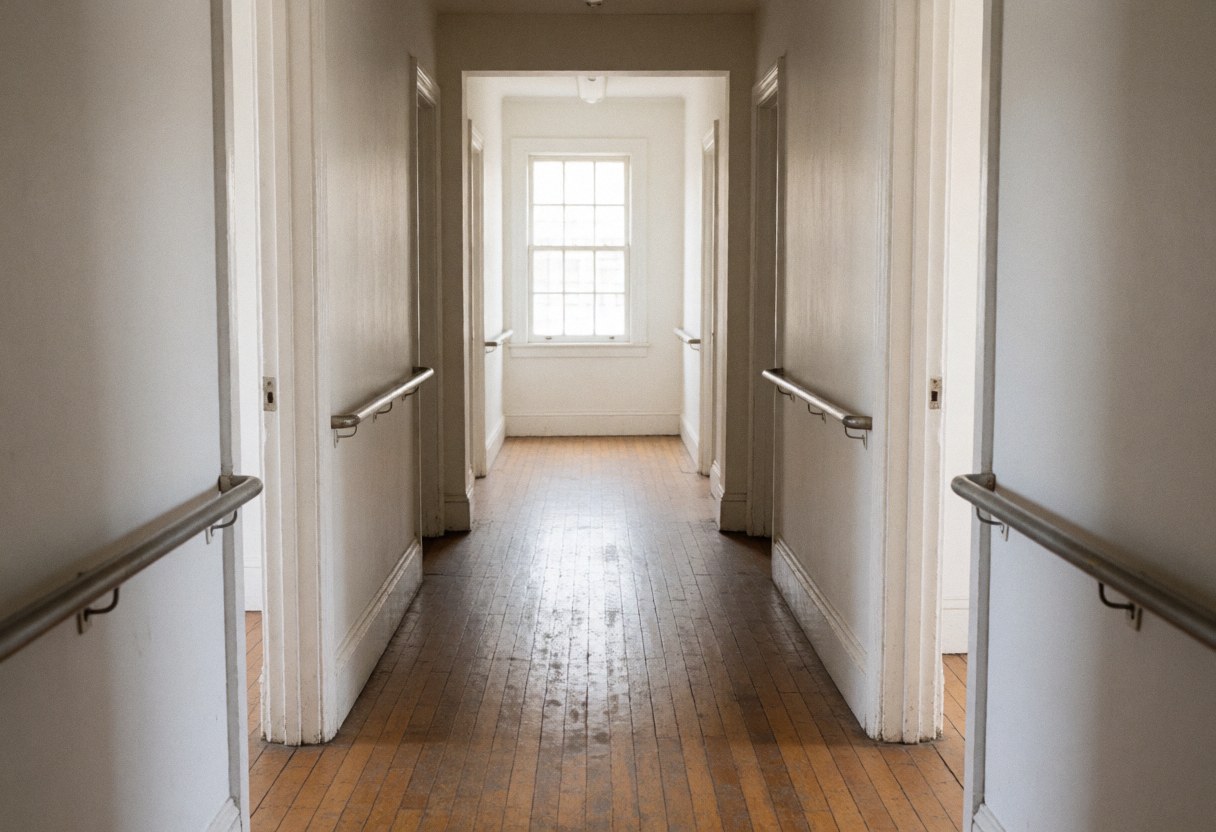 Empty wooden corridor with metal railings and white walls, illuminated by natural light from a window, ideal for moving and furniture transport