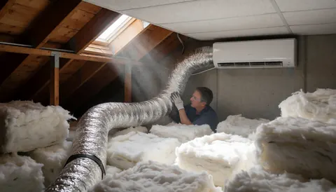 A technician installs air conditioning ductwork and insulation in an attic space with wooden beams and natural light