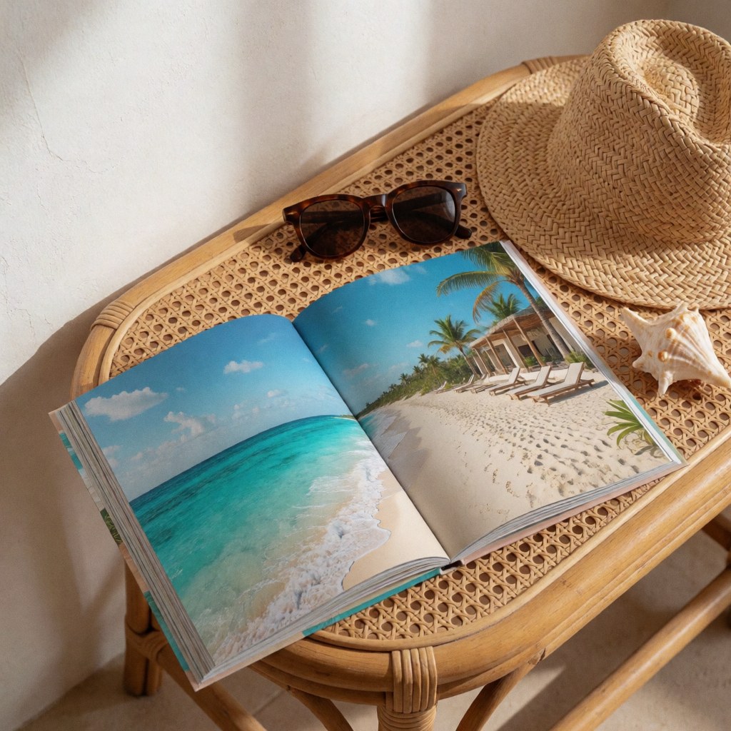 Open travel brochure displaying beach and hotel scenes alongside a hat, sunglasses, and seashell on a rattan table under natural light