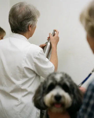 Professional groomer using a spray bottle in a dog grooming salon with a close-up of a dog against a white wall
