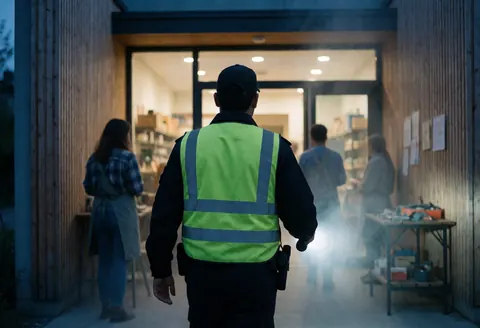 A security guard conducts a night patrol at a business entrance, holding a flashlight to illuminate the wooden wall and interior lights.